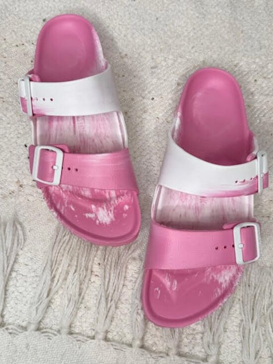 Birkenstock Shoes - Birkenstock pink and white rubber slip on sandals size 10
